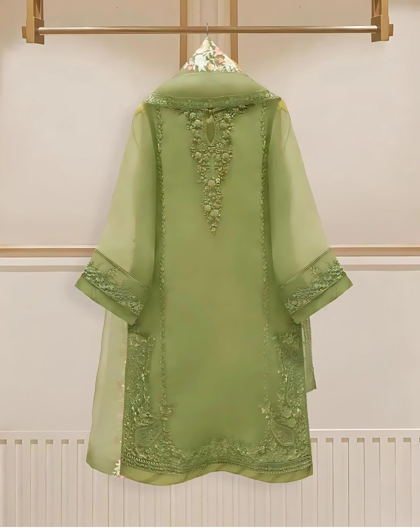 4 Piece Stitched Organza Embroidered Dress, GR-16 in Pista Green