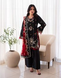 3Pcs Raw Silk Embroidered Dress - Black Dusk