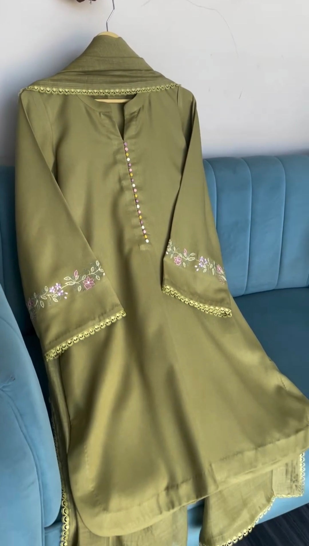 3 piece cotton Stitched dress - Olive Petal