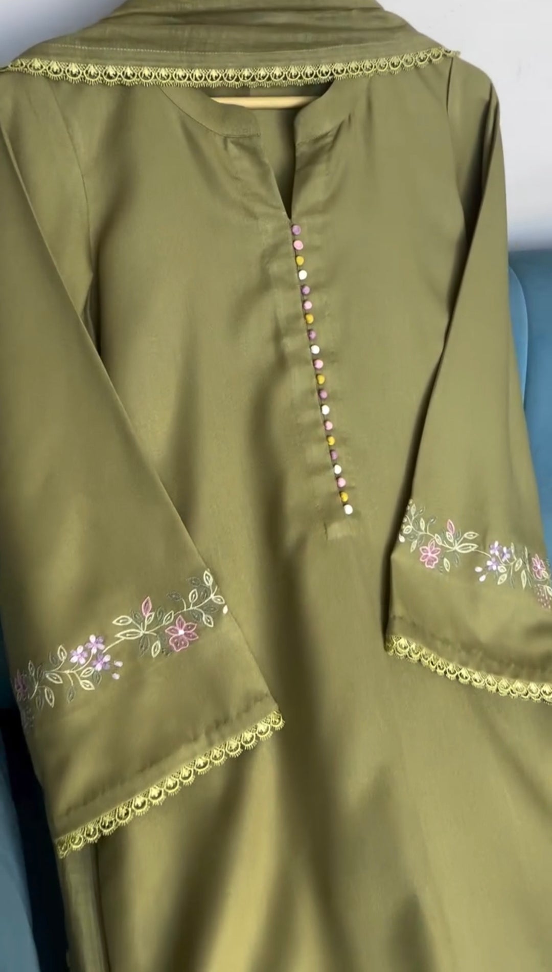 3 piece cotton Stitched dress - Olive Petal