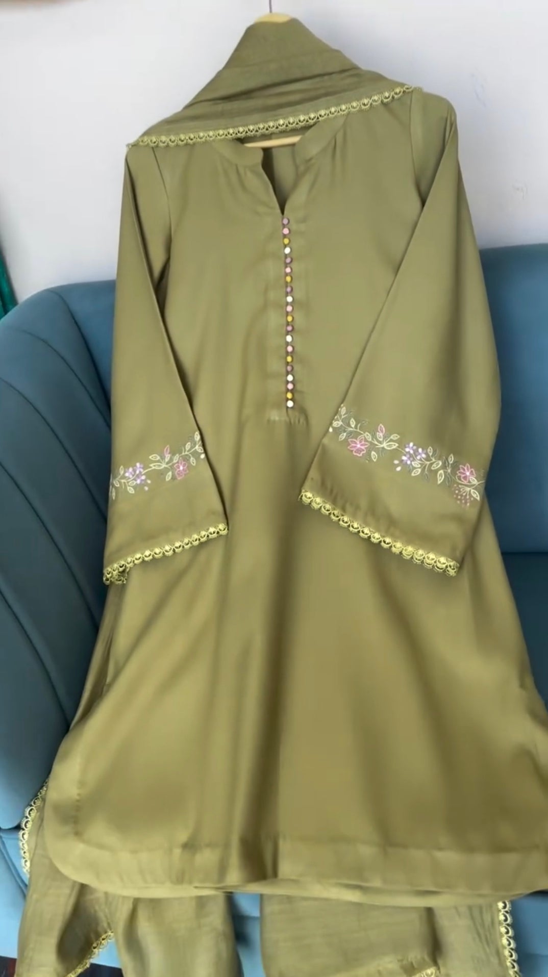 3 piece cotton Stitched dress - Olive Petal