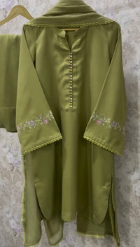 3 piece cotton Stitched dress - Olive Petal