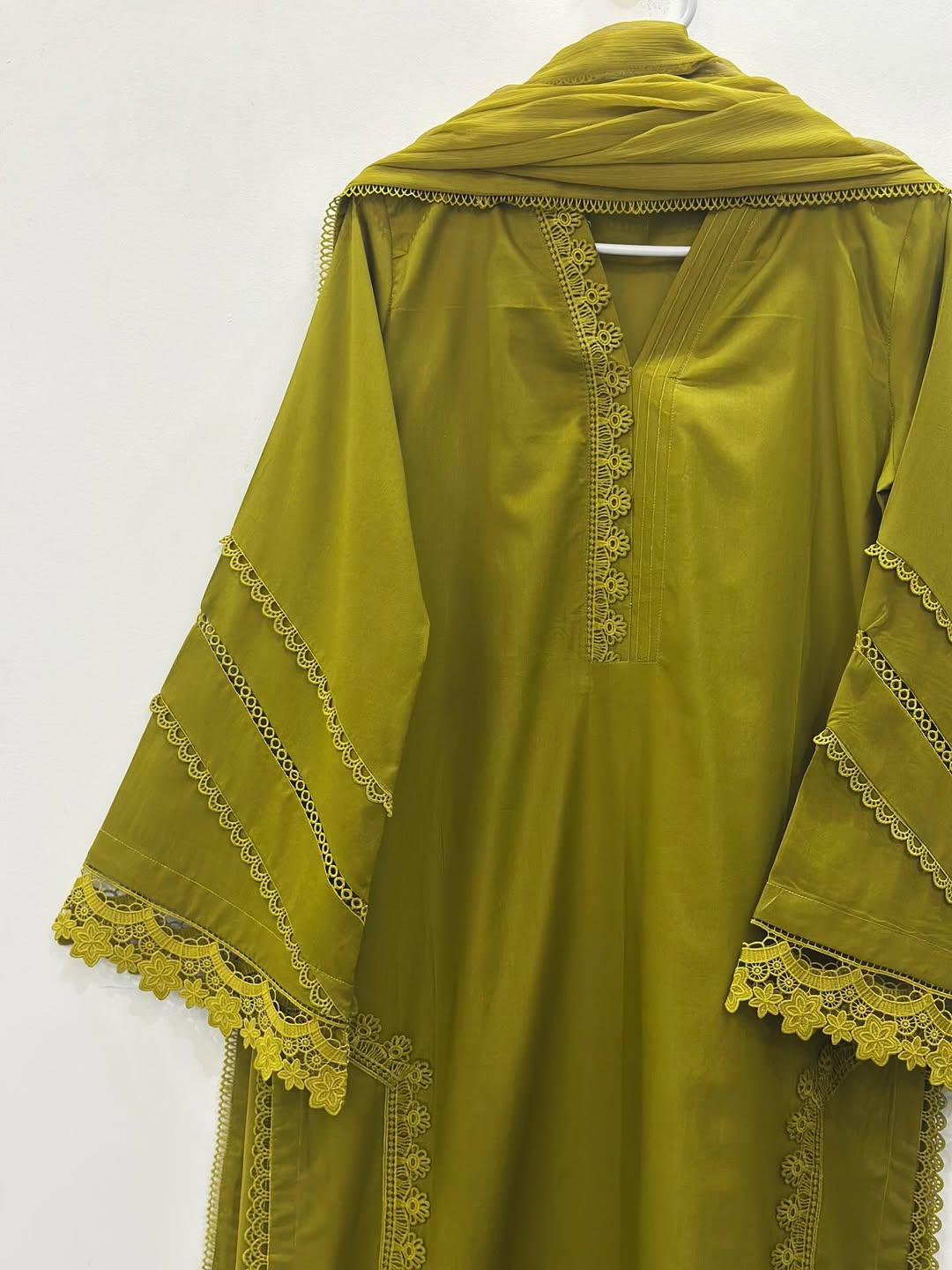 3 Piece Stitched cotton dress - Olive Lace