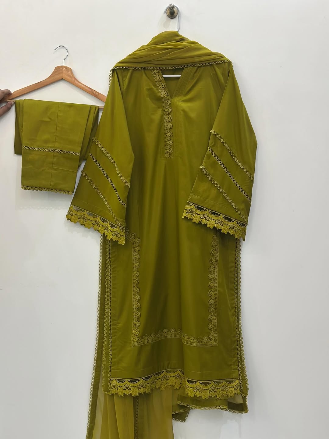 3 Piece Stitched cotton dress - Olive Lace