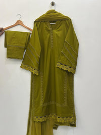3 Piece Stitched cotton dress - Olive Lace