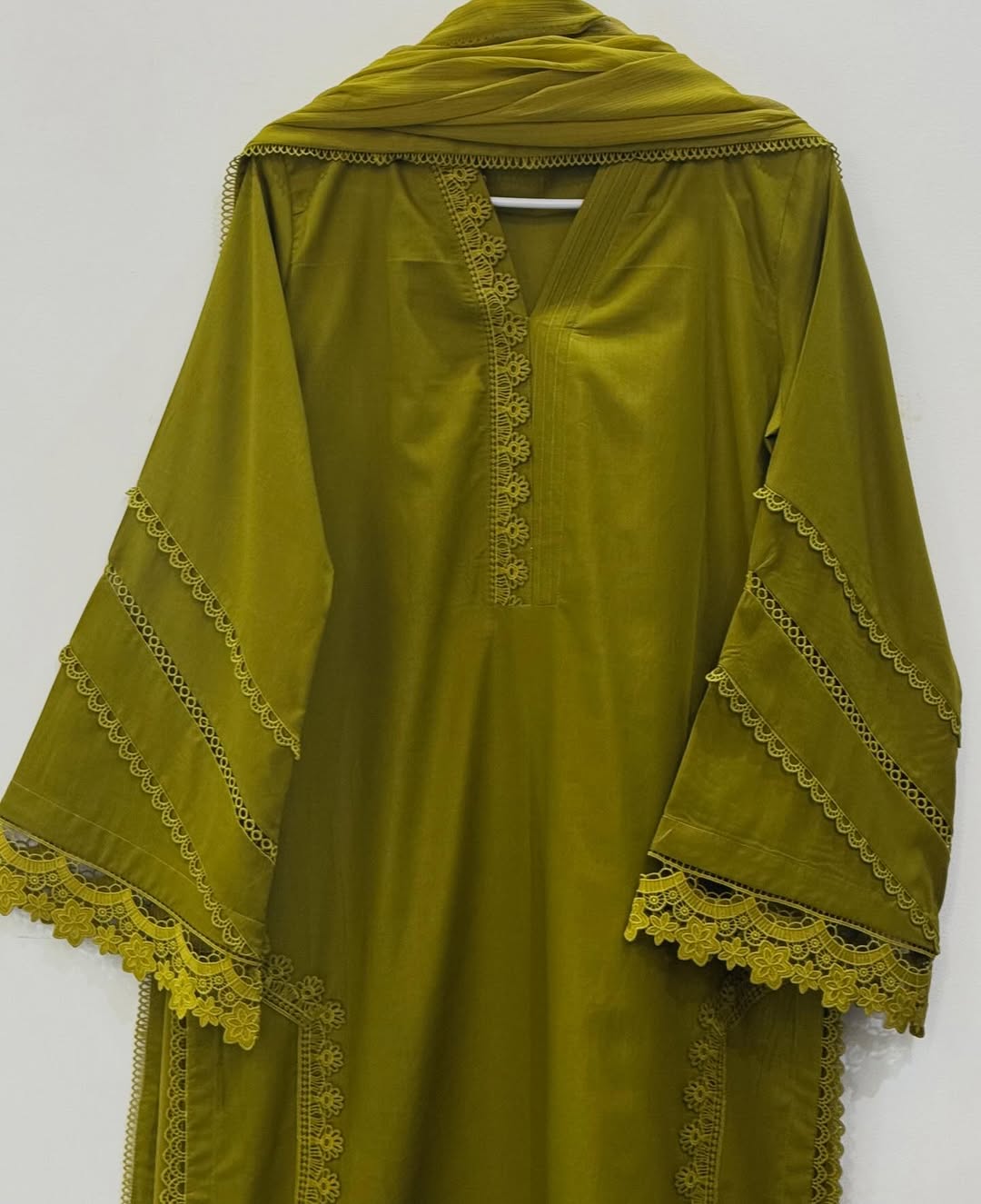 3 Piece Stitched cotton dress - Olive Lace