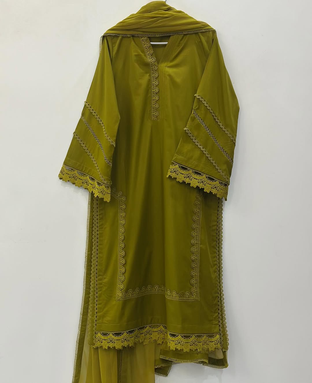 3 Piece Stitched cotton dress - Olive Lace