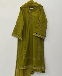 3 Piece Stitched cotton dress - Olive Lace