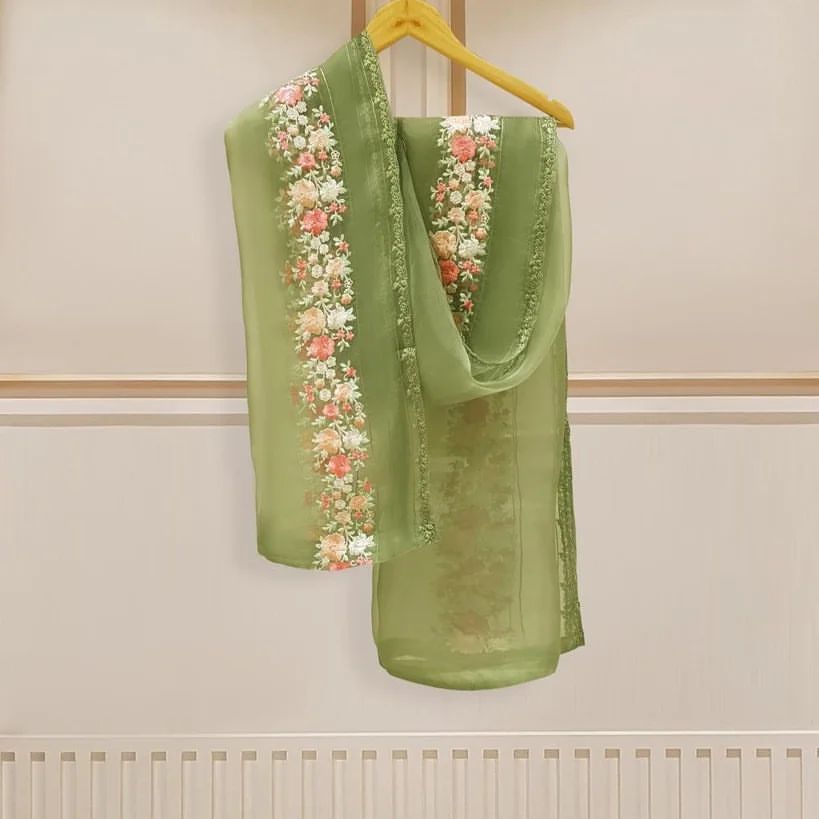 4 Piece Stitched Organza Embroidered Dress, GR-16 in Pista Green
