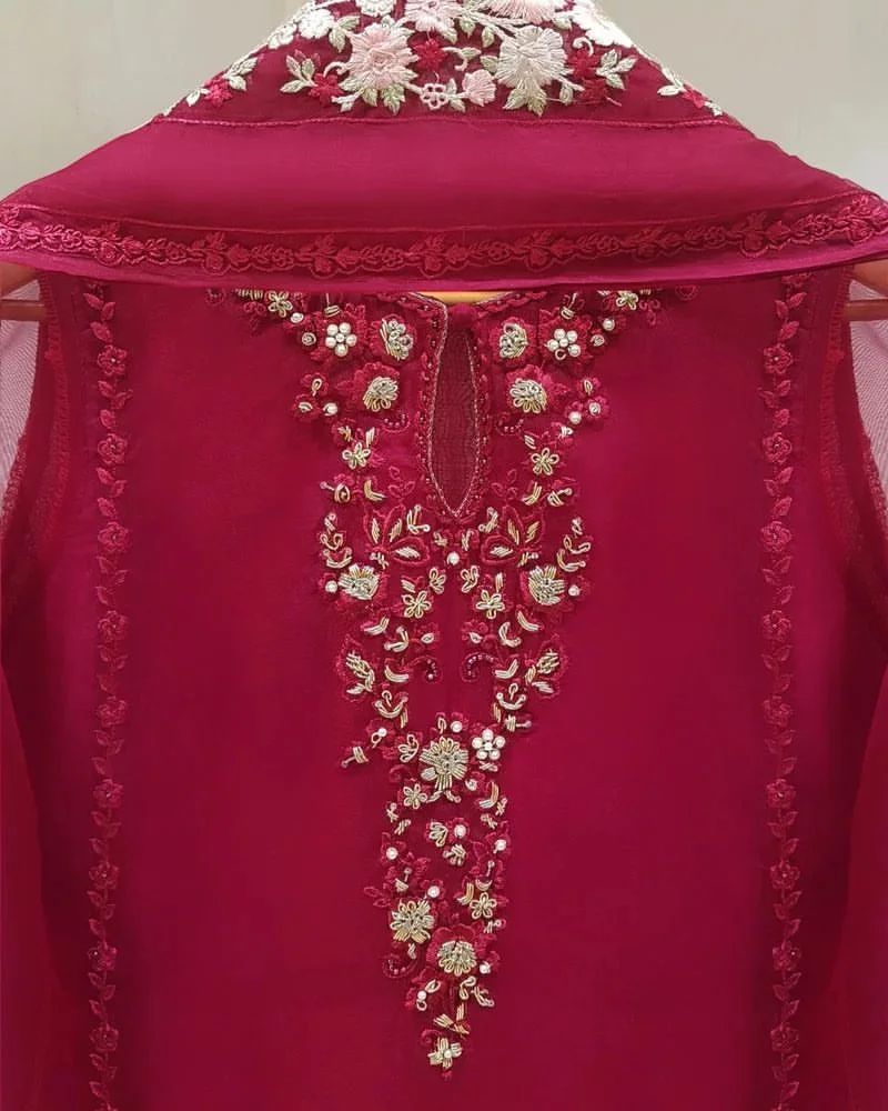 4 Piece Stitched Organza Embroidered Dress, GR-16 in Shocking Red