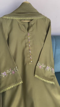 3 piece cotton Stitched dress - Olive Petal